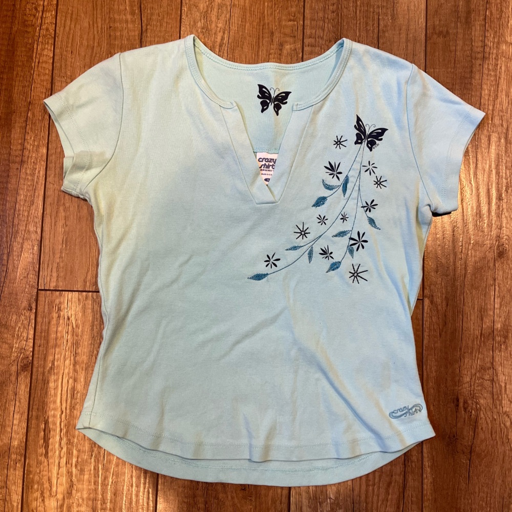 Crazy Shirts Blue Butterfly/Floral Embroidered 100% Combed Cotton Short Sleeve
